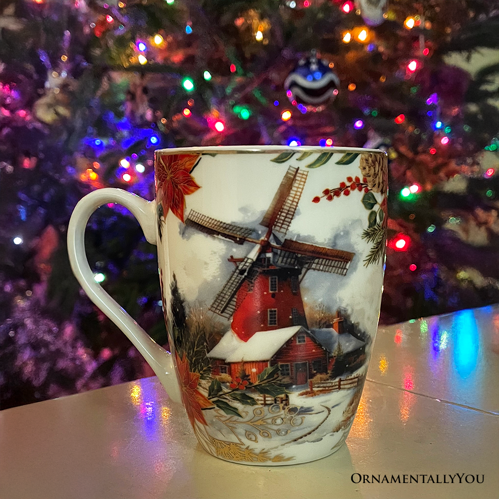 Fancy Farmhouse Holiday Set of 4 Ceramic Mugs with Real Gold Trim, Rustic Christmas Kitchen Coffee Cup Decoration