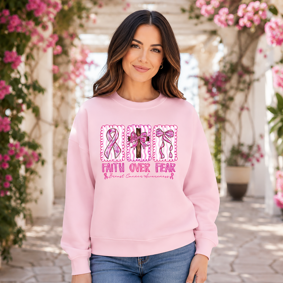 Faith Over Fear Breast Cancer Christian Sweatshirt, Pink Ribbon Awareness Sweater