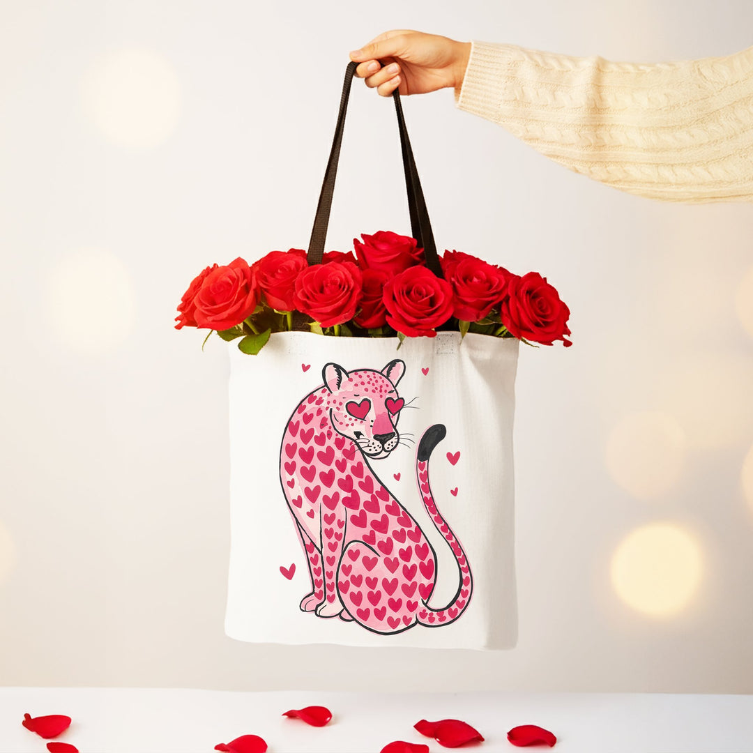 Pink Leopard Valentine Canvas Tote Bag, Cute Hearts Reusable Urban Bag Tote Bag OrnamentallyYou Black Handle - White Base 