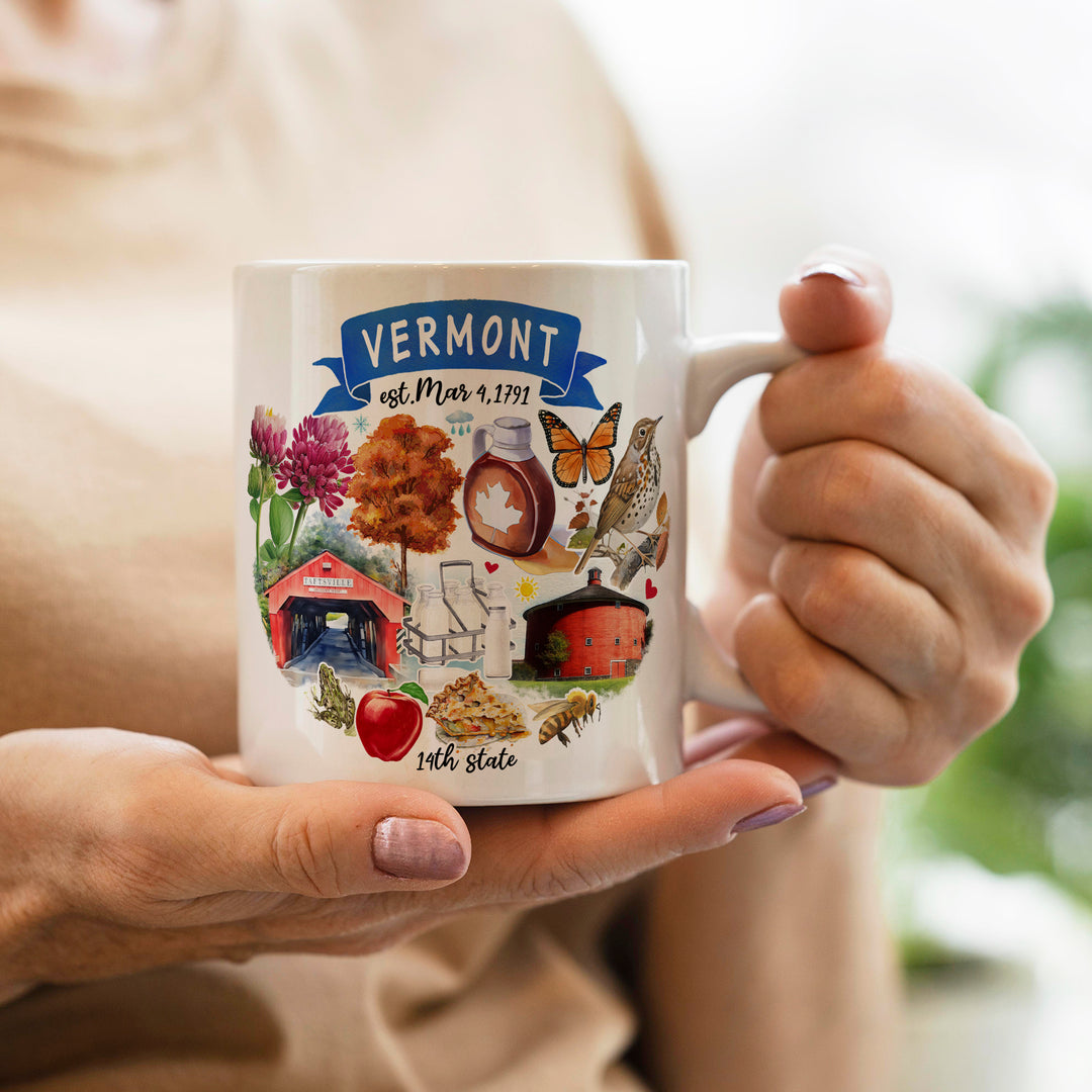 Artistic Vermont State Themes and Landmarks Personalized Mug With Custom Name