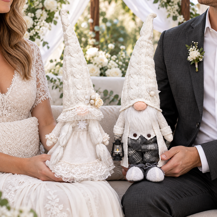 Winter Bride and Groom Plush Gnome Set of 2, Romantic 19" Christmas Wedding Decor