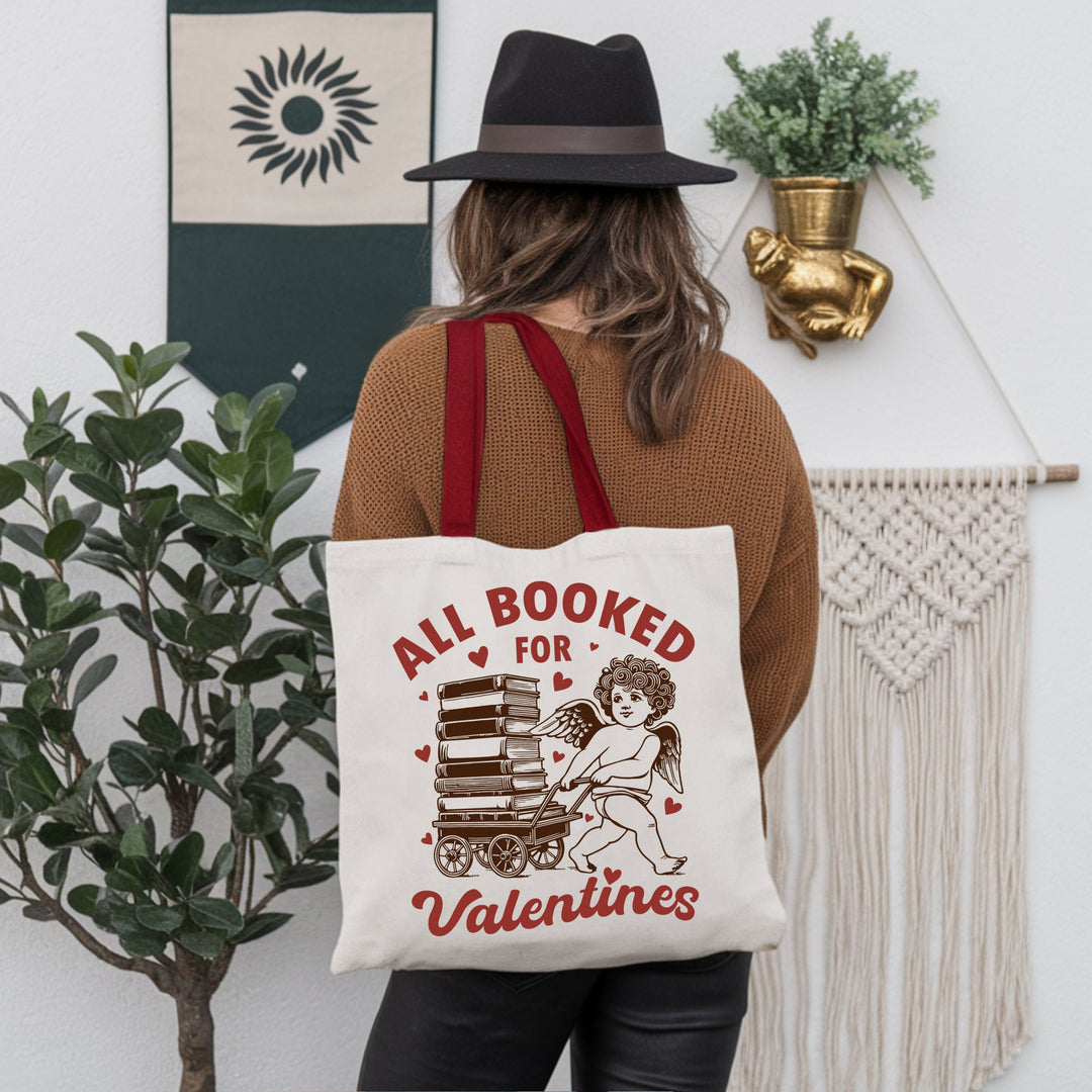 All Booked For Valentines Cupid Canvas Tote Bag, Vintage Funny Bookworm Gift Tote Bag OrnamentallyYou 