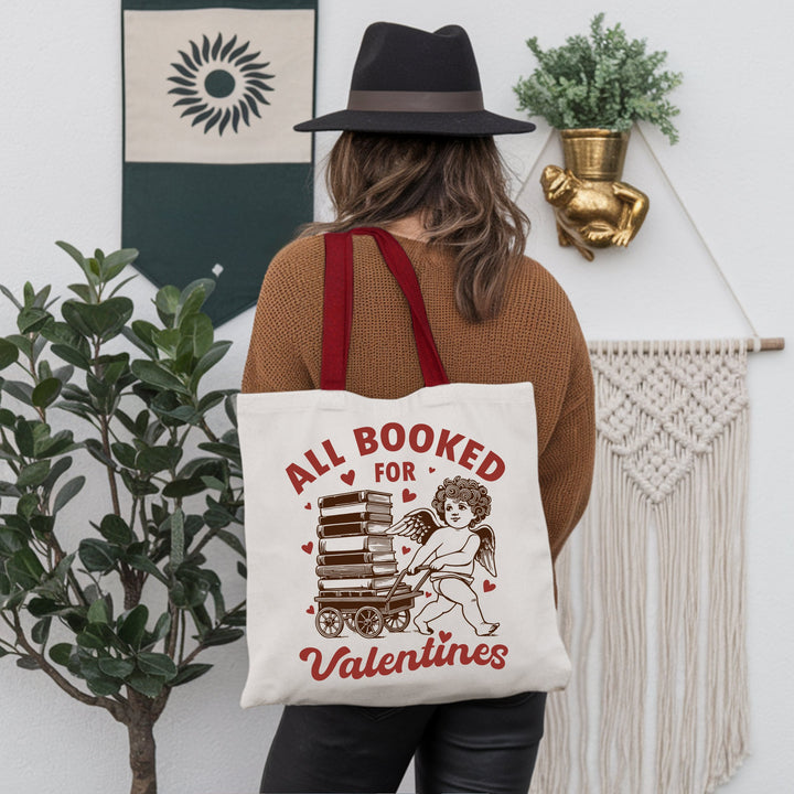 All Booked For Valentines Cupid Canvas Tote Bag, Vintage Funny Bookworm Gift Tote Bag OrnamentallyYou 