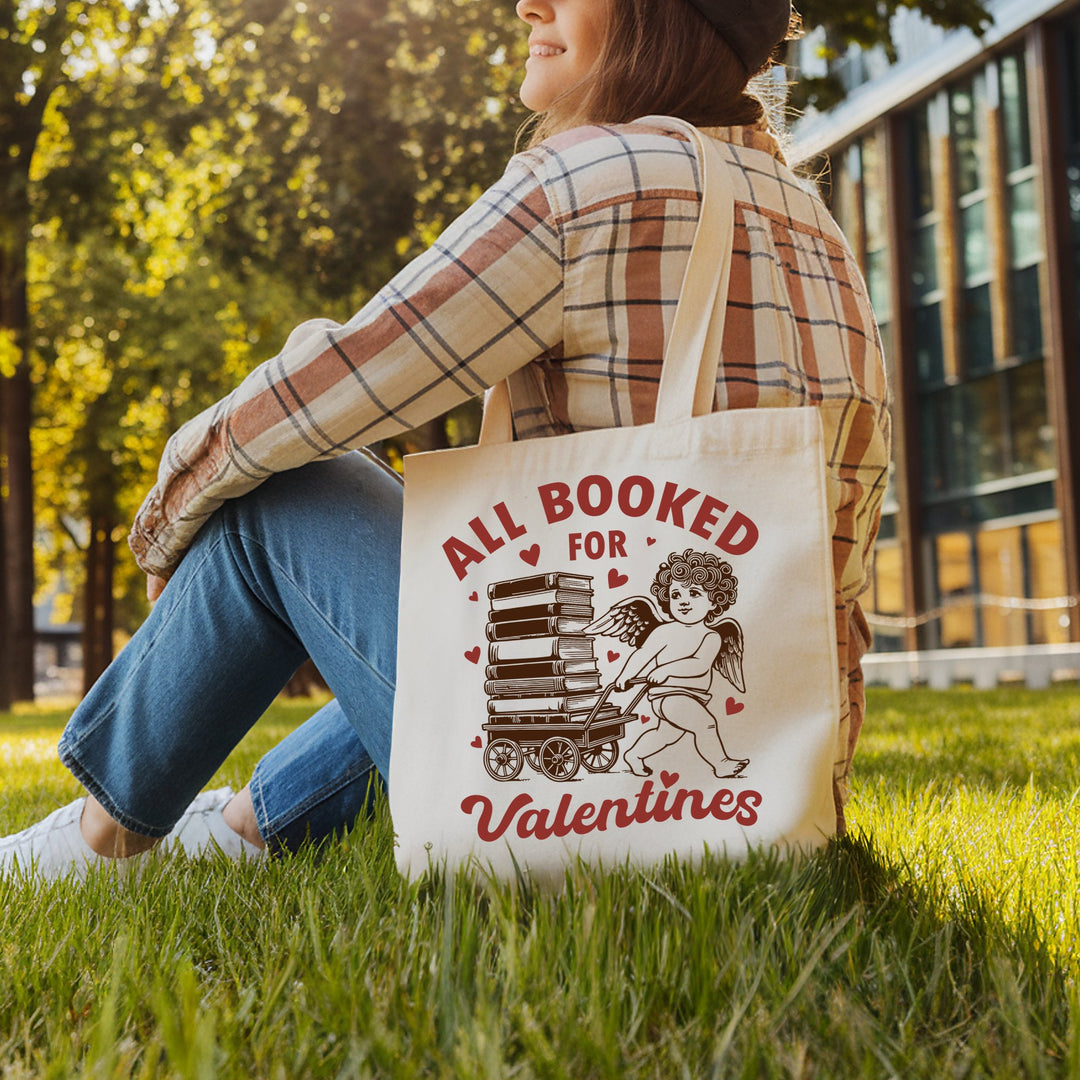 All Booked For Valentines Cupid Canvas Tote Bag, Vintage Funny Bookworm Gift Tote Bag OrnamentallyYou 
