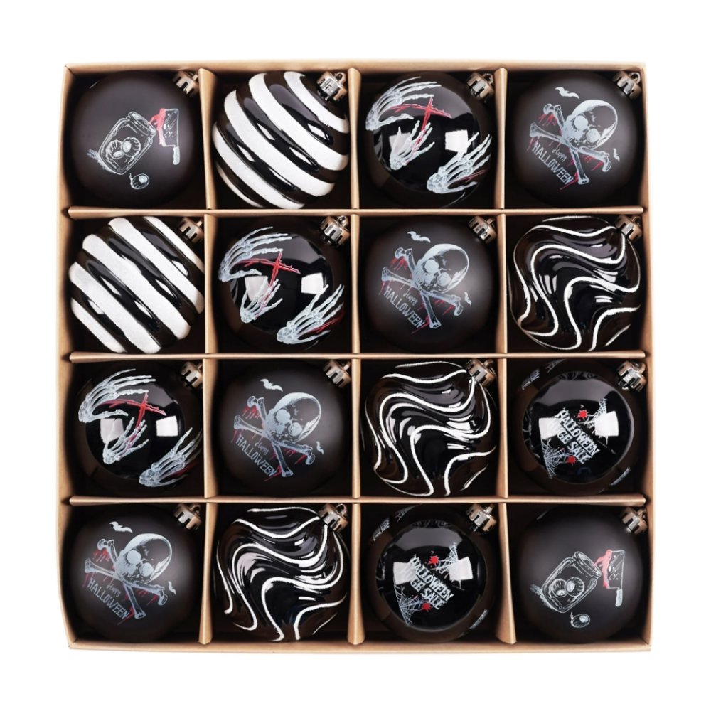 (Pre-Order) Black Gothic 16-Piece Baubles with Skulls, Skeleton Hands, Horror Prints & Striped Designs Ornament Bundle OrnamentallyYou 