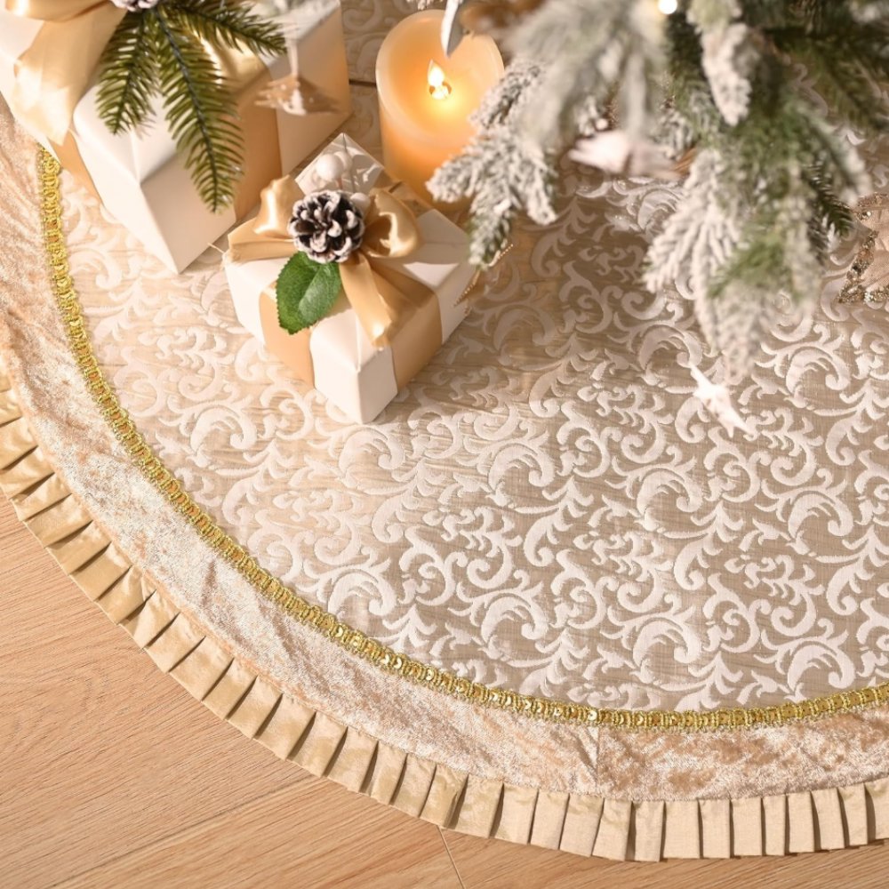 (Pre-Order) Luxury Gold and White Christmas Tree Skirt, 48-Inch Elegant Velvet & Brocade Holiday Tree Base Cover with Pleated Trim Tree Skirt OrnamentallyYou 