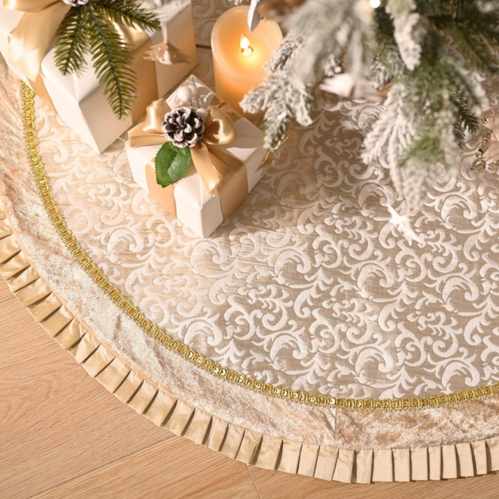 Luxury Gold and White Christmas Tree Skirt, 48-Inch Elegant Velvet & Brocade Holiday Tree Base Cover with Pleated Trim