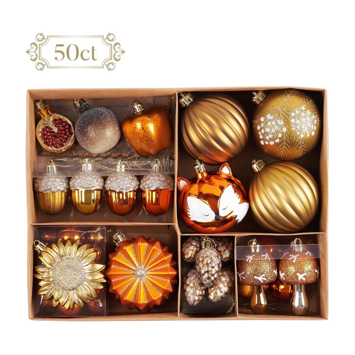 Woodland Fall Christmas Tree Ornaments Set, 50-Piece Autumn Harvest Ornaments