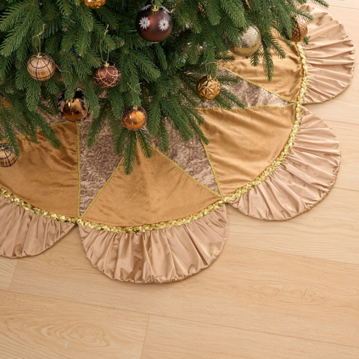 Luxury Gold Scalloped Christmas Tree Skirt, 48-Inch Holiday Tree Base Cover with Sequins and Pleated Trim