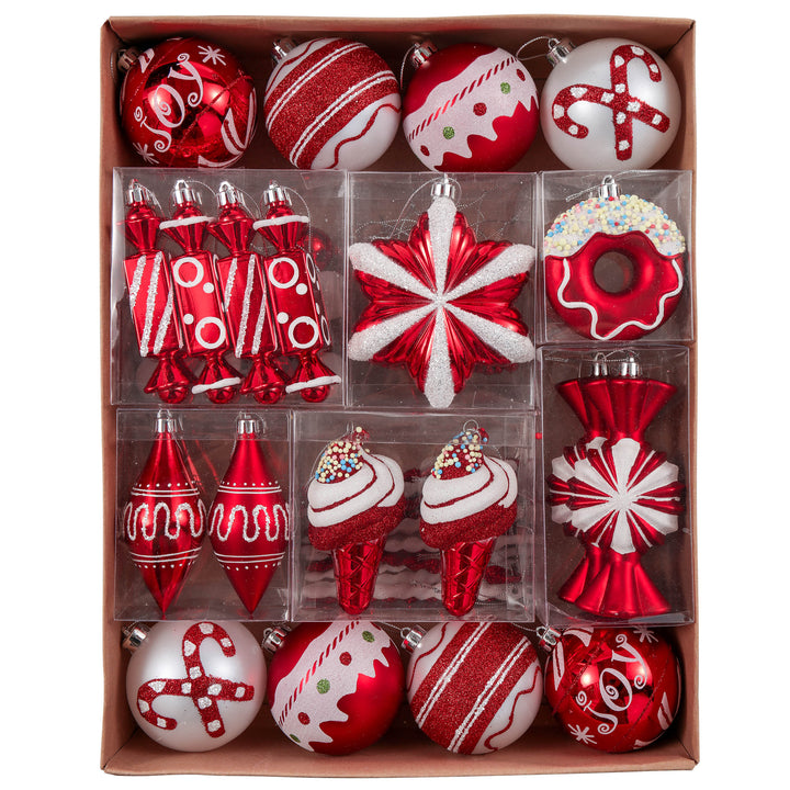 Sweets and Candy Theme Christmas Ornament Bundle, Assorted 60 Bauble off Candies, Ice Cream, Donut, and Glittery Round Balls