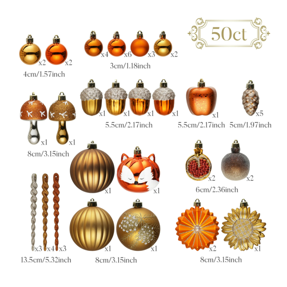 Woodland Fall Christmas Tree Ornaments Set, 50-Piece Autumn Harvest Ornaments