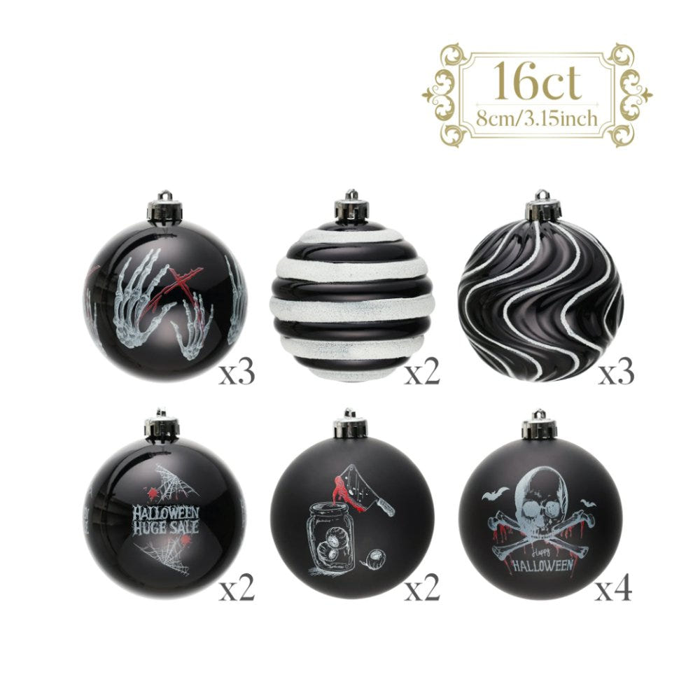 (Pre-Order) Black Gothic 16-Piece Baubles with Skulls, Skeleton Hands, Horror Prints & Striped Designs Ornament Bundle OrnamentallyYou 