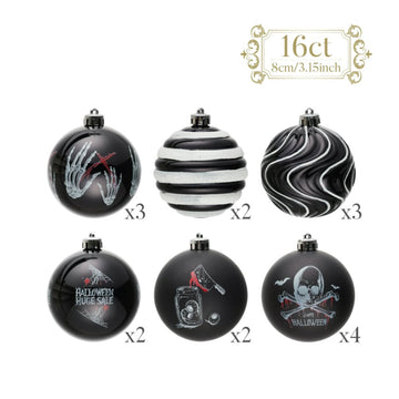 (Pre-Order) Black Gothic 16-Piece Baubles with Skulls, Skeleton Hands, Horror Prints & Striped Designs Ornament Bundle OrnamentallyYou 