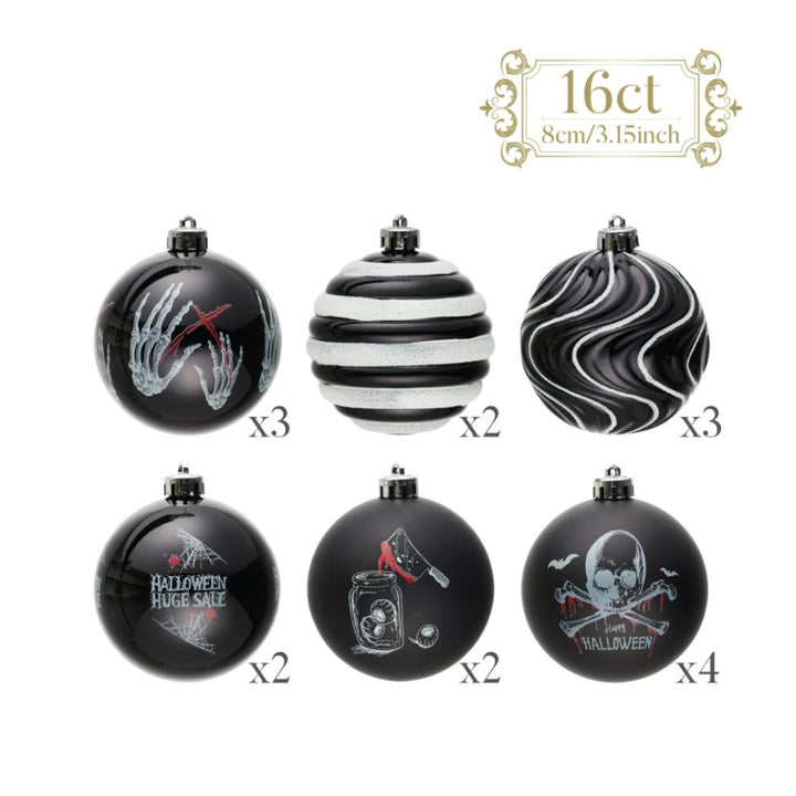 (Pre-Order) Black Gothic 16-Piece Baubles with Skulls, Skeleton Hands, Horror Prints & Striped Designs Ornament Bundle OrnamentallyYou 