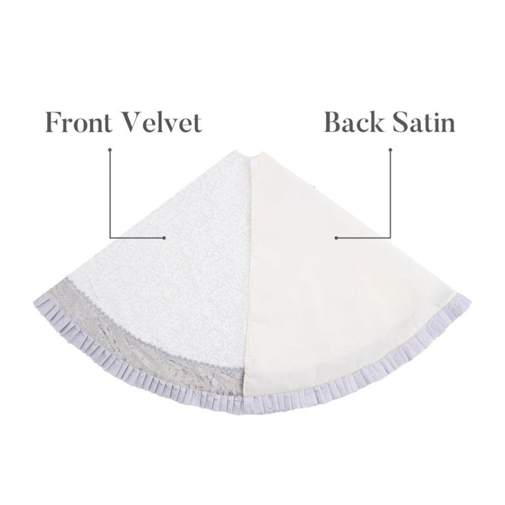 (Pre-Order) Silver and White Christmas Tree Skirt, 48-Inch Elegant Velvet & Brocade Holiday Tree Base Cover with Pleated Trim Tree Skirt OrnamentallyYou 