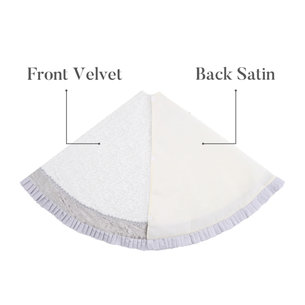 Silver and White Christmas Tree Skirt, 48-Inch Elegant Velvet & Brocade Holiday Tree Base Cover with Pleated Trim