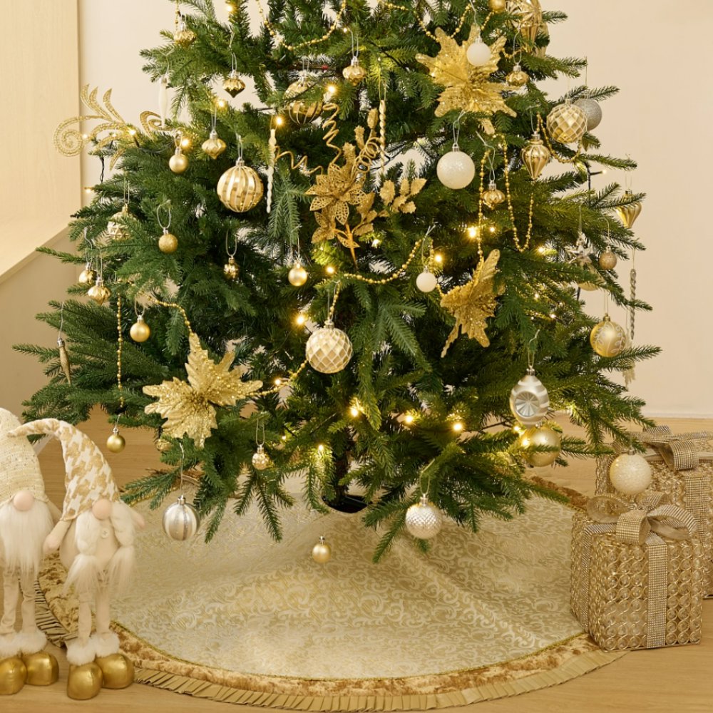 (Pre-Order) Luxury Gold and White Christmas Tree Skirt, 48-Inch Elegant Velvet & Brocade Holiday Tree Base Cover with Pleated Trim Tree Skirt OrnamentallyYou 