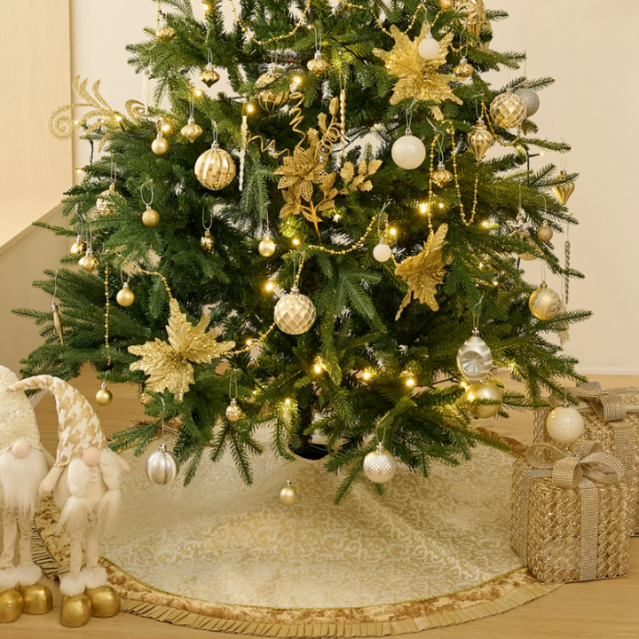 Luxury Gold and White Christmas Tree Skirt, 48-Inch Elegant Velvet & Brocade Holiday Tree Base Cover with Pleated Trim