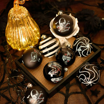 (Pre-Order) Black Gothic 16-Piece Baubles with Skulls, Skeleton Hands, Horror Prints & Striped Designs Ornament Bundle OrnamentallyYou 