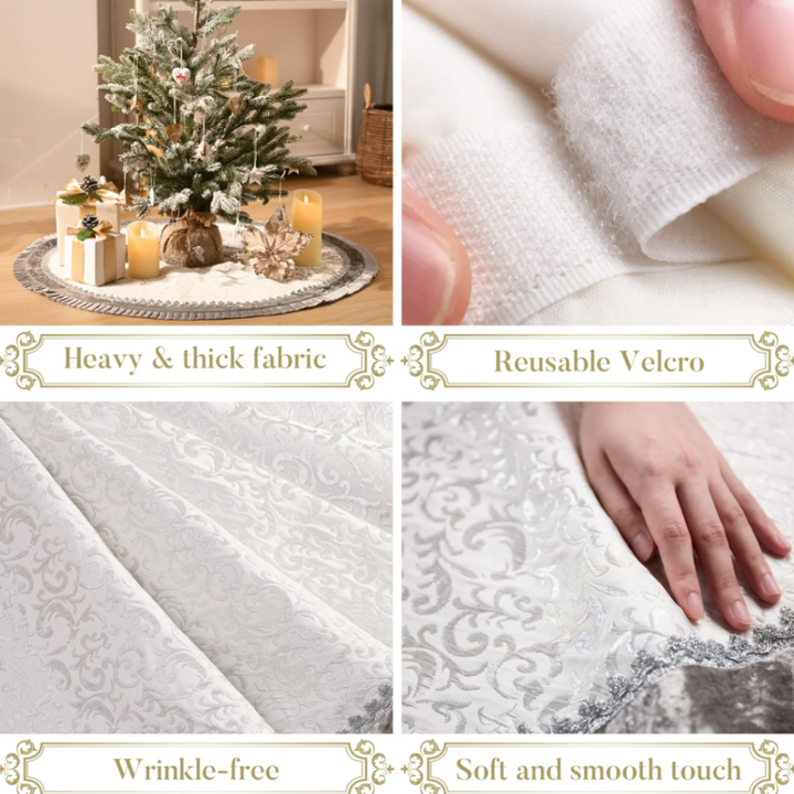 Silver and White Christmas Tree Skirt, 48-Inch Elegant Velvet & Brocade Holiday Tree Base Cover with Pleated Trim