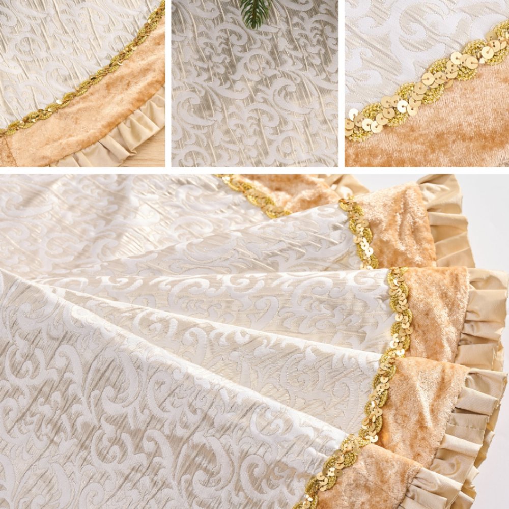 (Pre-Order) Luxury Gold and White Christmas Tree Skirt, 48-Inch Elegant Velvet & Brocade Holiday Tree Base Cover with Pleated Trim Tree Skirt OrnamentallyYou 