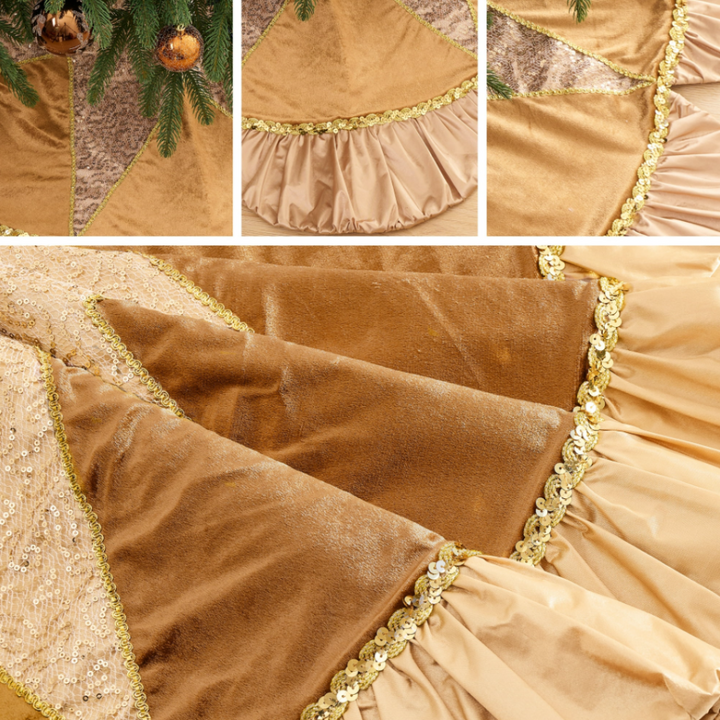Luxury Gold Scalloped Christmas Tree Skirt, 48-Inch Holiday Tree Base Cover with Sequins and Pleated Trim