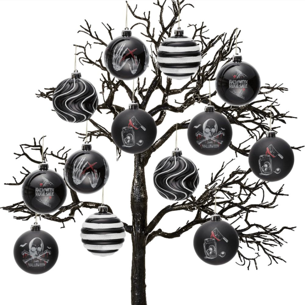 (Pre-Order) Black Gothic 16-Piece Baubles with Skulls, Skeleton Hands, Horror Prints & Striped Designs Ornament Bundle OrnamentallyYou 