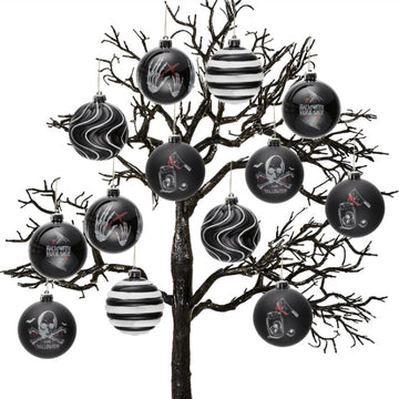 (Pre-Order) Black Gothic 16-Piece Baubles with Skulls, Skeleton Hands, Horror Prints & Striped Designs Ornament Bundle OrnamentallyYou 
