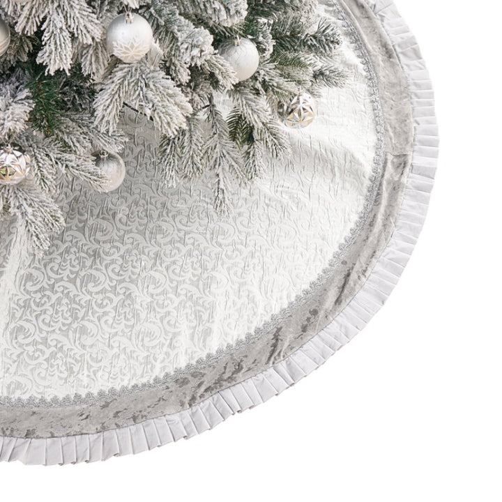 (Pre-Order) Silver and White Christmas Tree Skirt, 48-Inch Elegant Velvet & Brocade Holiday Tree Base Cover with Pleated Trim Tree Skirt OrnamentallyYou 