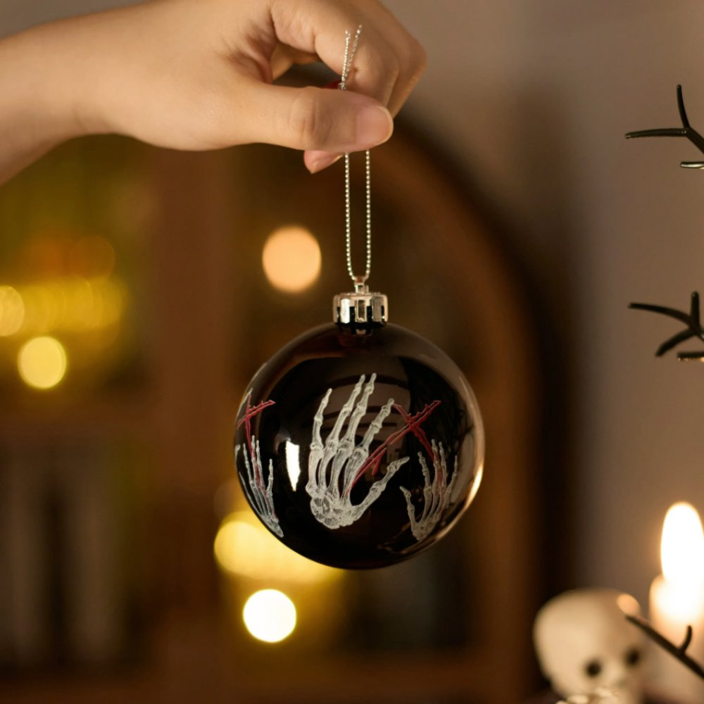 (Pre-Order) Black Gothic 16-Piece Baubles with Skulls, Skeleton Hands, Horror Prints & Striped Designs Ornament Bundle OrnamentallyYou 
