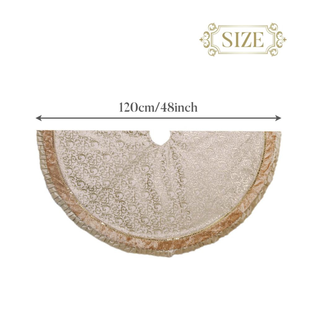 Luxury Gold and White Christmas Tree Skirt, 48-Inch Elegant Velvet & Brocade Holiday Tree Base Cover with Pleated Trim