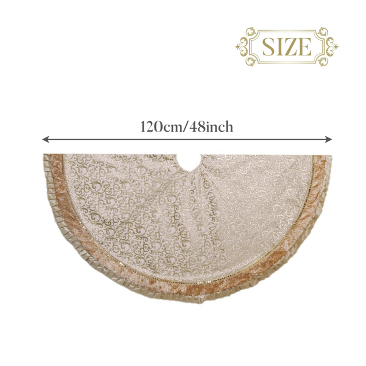 Luxury Gold and White Christmas Tree Skirt, 48-Inch Elegant Velvet & Brocade Holiday Tree Base Cover with Pleated Trim