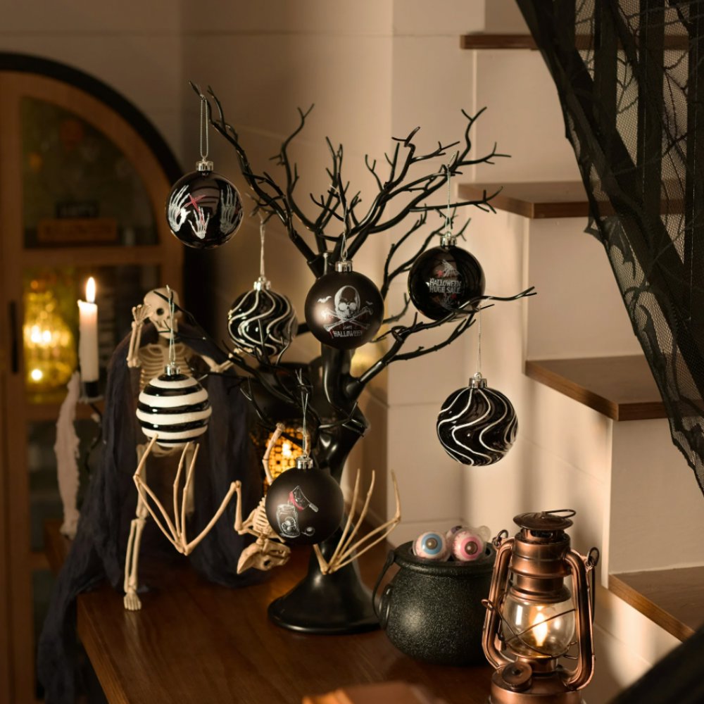 (Pre-Order) Black Gothic 16-Piece Baubles with Skulls, Skeleton Hands, Horror Prints & Striped Designs Ornament Bundle OrnamentallyYou 