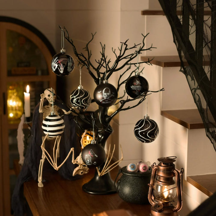 (Pre-Order) Black Gothic 16-Piece Baubles with Skulls, Skeleton Hands, Horror Prints & Striped Designs Ornament Bundle OrnamentallyYou 