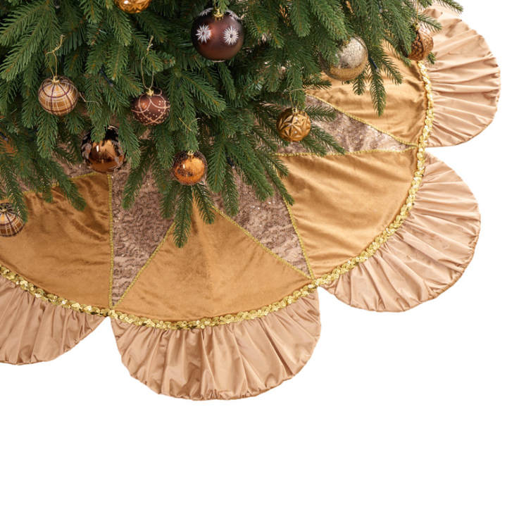 Luxury Gold Scalloped Christmas Tree Skirt, 48-Inch Holiday Tree Base Cover with Sequins and Pleated Trim