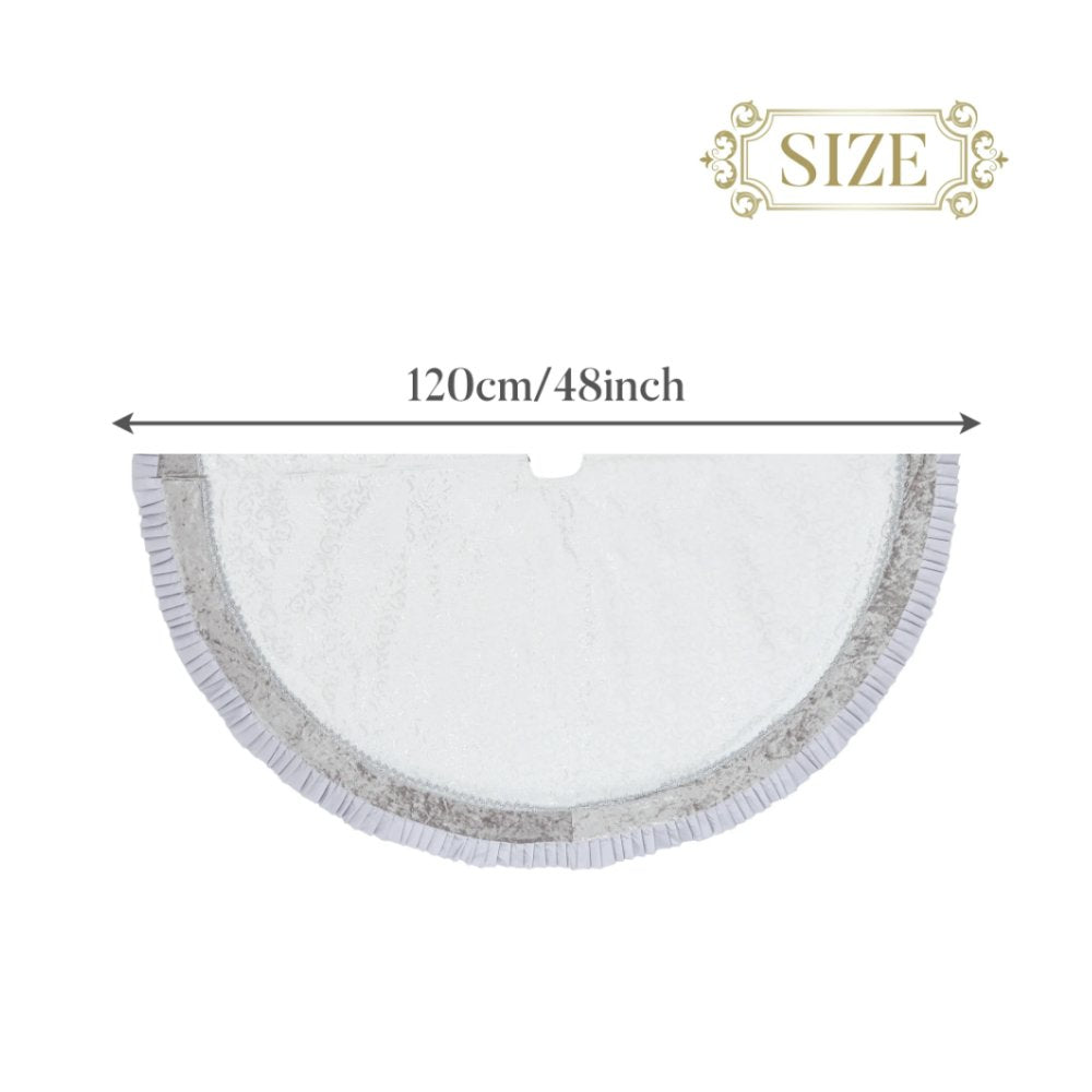 (Pre-Order) Silver and White Christmas Tree Skirt, 48-Inch Elegant Velvet & Brocade Holiday Tree Base Cover with Pleated Trim Tree Skirt OrnamentallyYou 