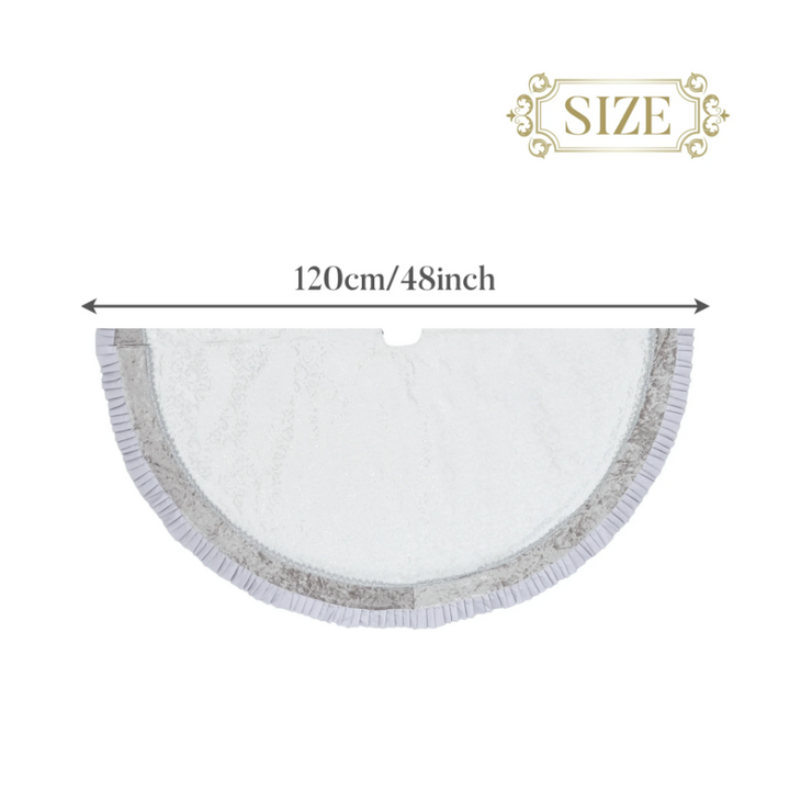 Silver and White Christmas Tree Skirt, 48-Inch Elegant Velvet & Brocade Holiday Tree Base Cover with Pleated Trim