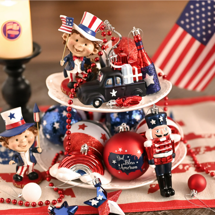USA Flag Inspired Patriotic Ornament Set, 70pc Red White Blue Baubles