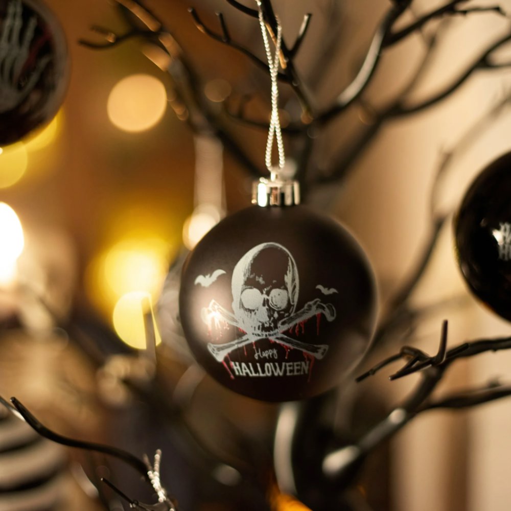 (Pre-Order) Black Gothic 16-Piece Baubles with Skulls, Skeleton Hands, Horror Prints & Striped Designs Ornament Bundle OrnamentallyYou 
