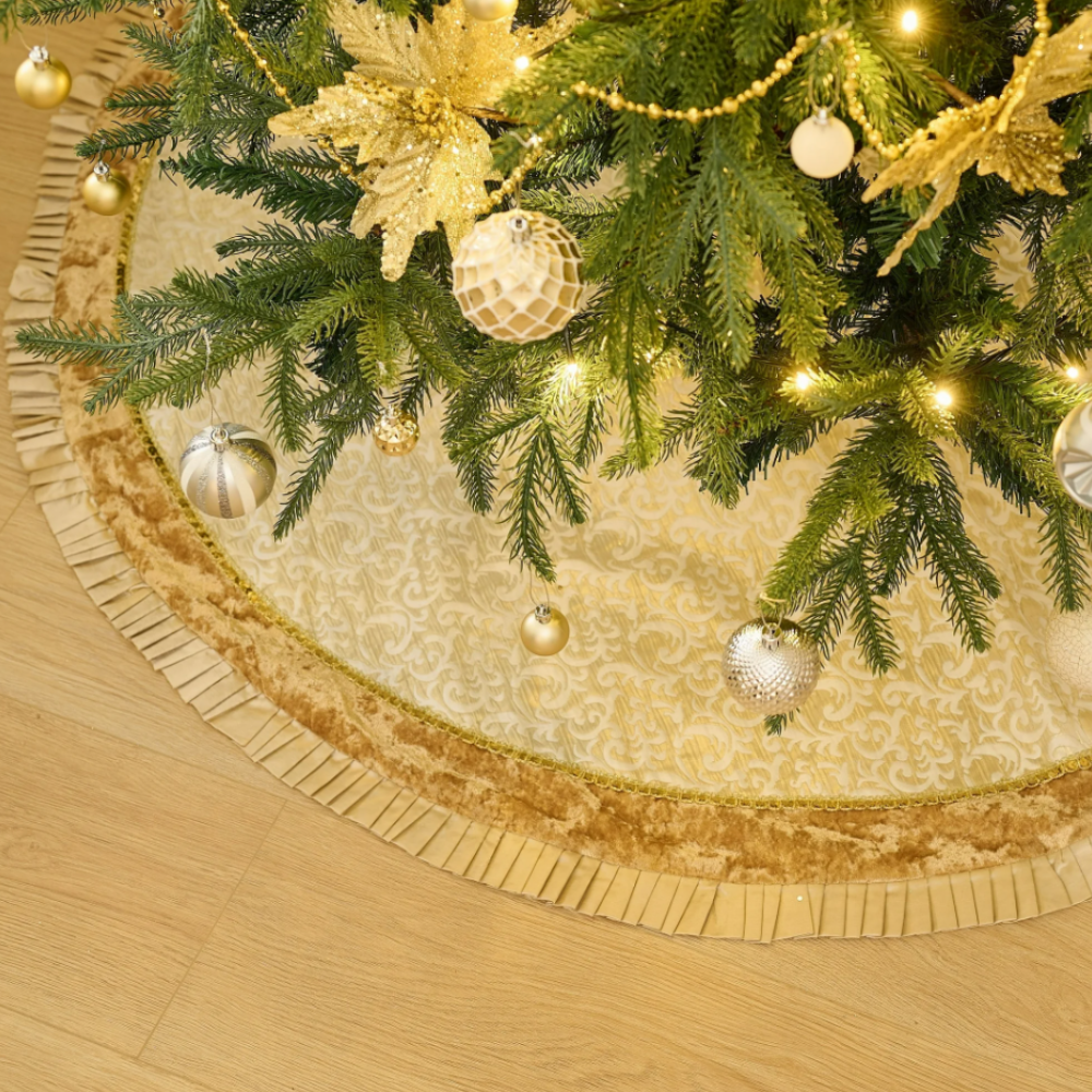 Luxury Gold and White Christmas Tree Skirt, 48-Inch Elegant Velvet & Brocade Holiday Tree Base Cover with Pleated Trim