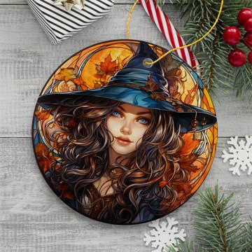 Enchanting Autumn Witch Ornament, Witchy Fall Girl Gift and Decor Ceramic Ornament OrnamentallyYou Circle 