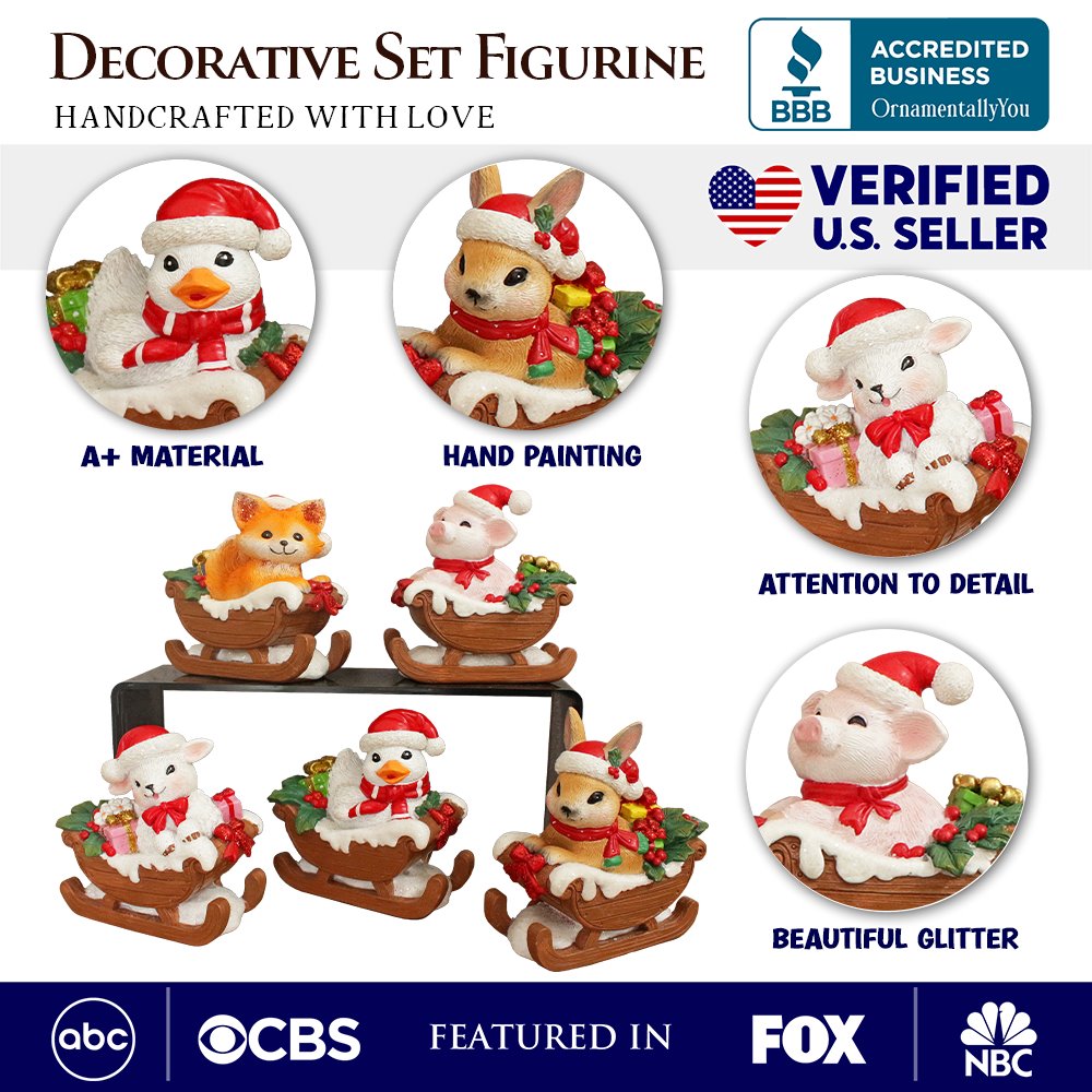 (Pre-Order) Christmas Critters Animals on Sleighs Set of Five Figurines, 5" Tabletop Holiday Animal Decor with Bunny, Piglet, Duckling, Lamb, and Fox Resin Statues OrnamentallyYou 