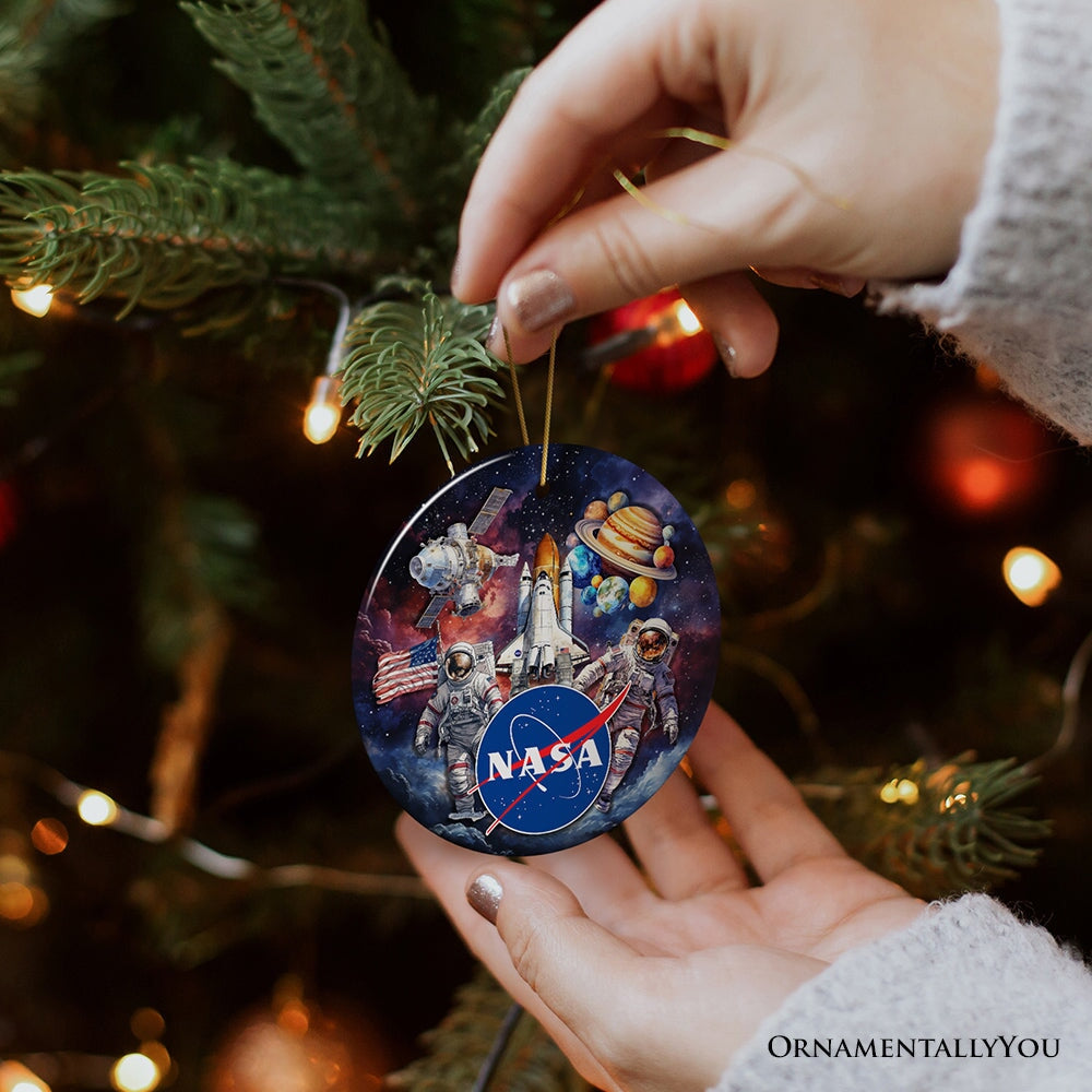 Artistic NASA Handcrafted Christmas Ornament, Astronaut in Outer Space with the Planets Ceramic Ornament OrnamentallyYou 