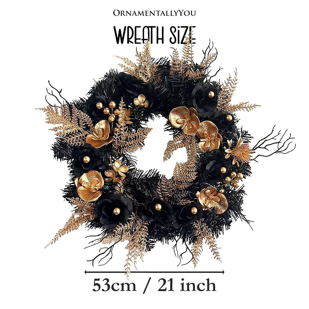 (Pre-Order) Black and Bronze Elegantly Goth 20" Wreath, Premium Gold Door Decoration with Floral Orchids Wreath OrnamentallyYou 