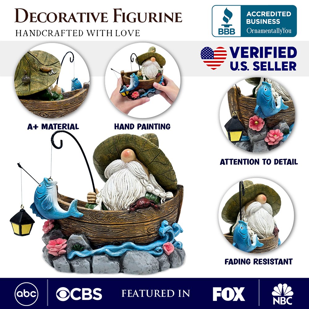 Fishing Gnome with Lantern Garden Statue, 6" Lighted Dwarf Figurine Outdoor Decor Resin Statues OrnamentallyYou 