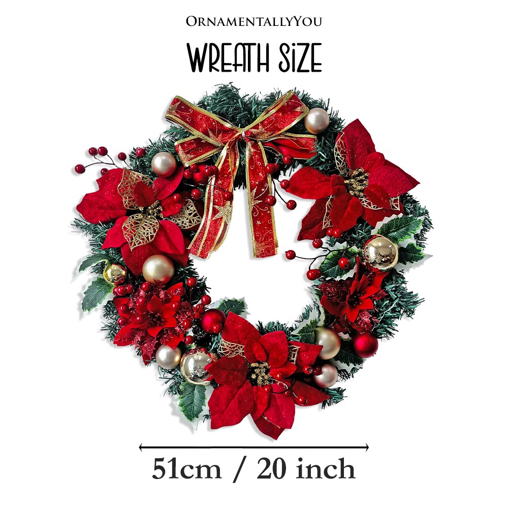 (Pre-Order) Refined Red and Gold 20" Christmas Wreath, Poinsettias, Ribbons and Ornament Baubles Wreath OrnamentallyYou 