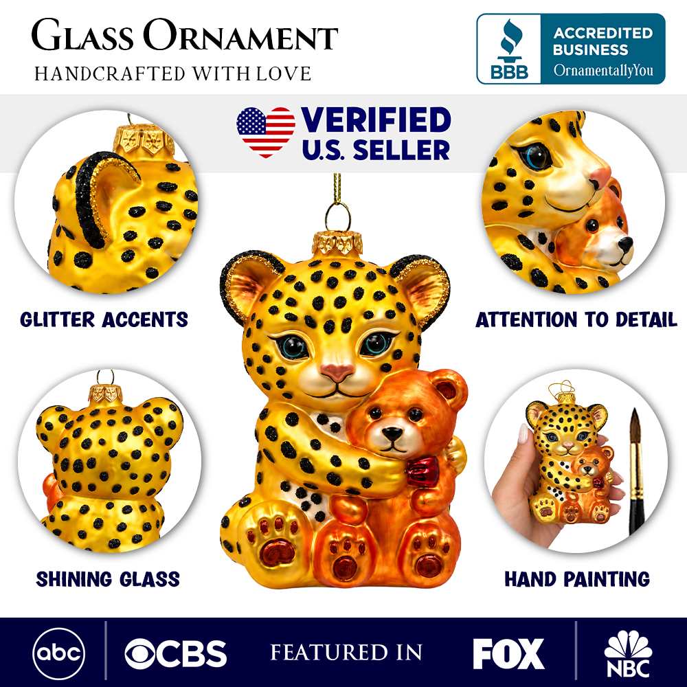 (PRE-ORDER) Adorable Leopard Hugging Bear Glass Christmas Ornament, Cute Jungle Animal Holiday Decor