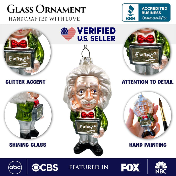 (Pre-Order) Albert Einstein Handcrafted Glass Ornament, Science and Physics Themed Christmas Gift Glass Ornament OrnamentallyYou 