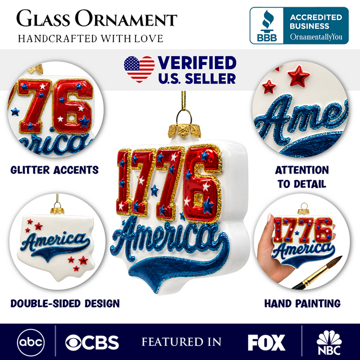 (PRE-ORDER) America 1776 Patriotic Glass Ornament, USA Independence Day Fourth of July Decor