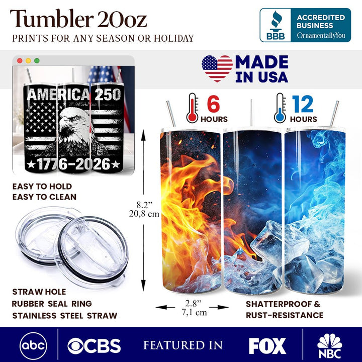 America 250 Freedom Flag Eagle 20oz Personalized Tumbler With Lid and Stainless Steel Straw, 4th of July Patriotic 1776–2026 Gift Cup Tumbler OrnamentallyYou 